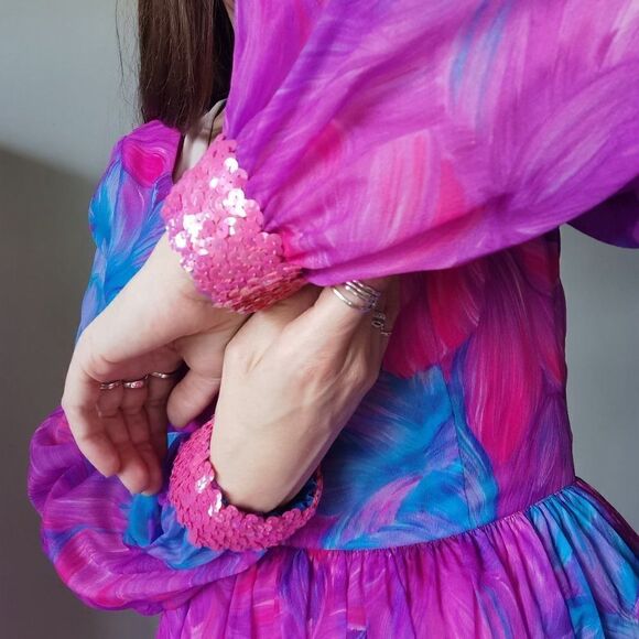 Vintage Maxi Dressย Neon 70s 60s 70sโChiffonโPuffโFestival - Picture 5 of 13